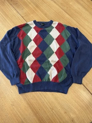 Suéter Vintage Jos A Bank Grandpa Para Hombres L Azul Rojo Verde Cuello Redondo Pullover Foto 1 de 4