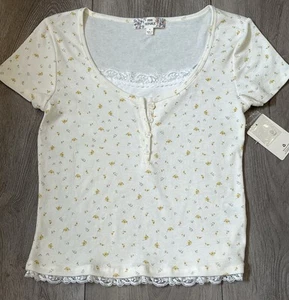 NUEVO CON ETIQUETAS Camisa Henley Rosa República Encaje Ribete Juniors Pequeña Ditsy Dorado Floral Verano - Imagen 1 de 8