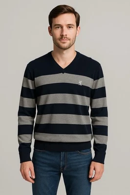 Express Men’s Striped Sweater M VTG Y2K V-Neck Rugby Knit Pullover Preppy - Image 1 of 4
