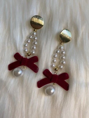Pendientes de borla de perlas con lazo rojo de terciopelo colgantes para mujer boda regalo de Navidad Foto 1 de 3
