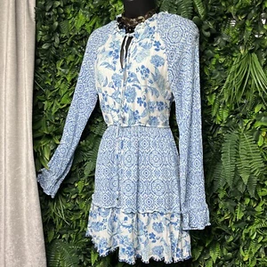 HOUSE OF HARLOW Dress Women Medium Blue White Ruffle Tiered Boho Cottage 2804 - Picture 1 of 9