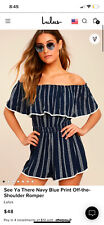 Lulus See Ya There Navy Blue Print Off-the-Shoulder Romper XL