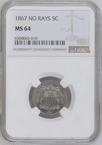 1867 5C SHIELD NICKEL NO RAYS NGC NEAR GEM MS64 RARITY R4 HIGHEST GRADES Cover