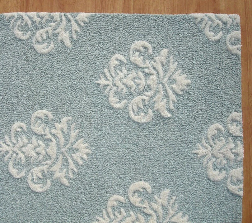 Damask Blue White Modern Loop Handmade Hand-Tufted 100% Wool Area Rug Carpet. - Image 1 of 4