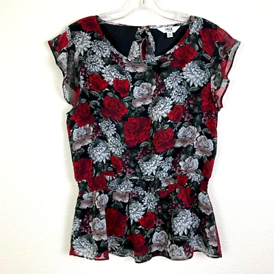 Jack by BB Dakota Peplum Top Size M Red Black Floral Open Back Fairy Feminine - Image 1 of 4