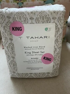 TAHARI King Size Washed LINEN / COTTON Blend FLORAL MEDALLION Sheet Set - Picture 1 of 6