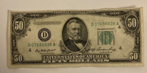 Vintage 1950 $50 Small Federal Reserve Note Serial Number D 07686836 A