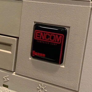 ENCOM - TRON Custom 386 486 Computer Case Badge DOMED Sticker 1x1 RED - Picture 1 of 2