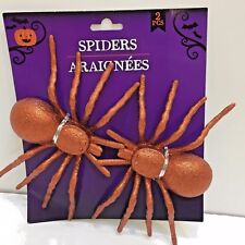 7" Wide ORANGE GLITTERY SPIDERS (Set of 2)  Scary Halloween