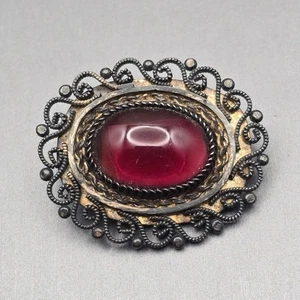 Edwardian Sterling Silver Purple Glass Brooch/Pendant 1.5" Rope Scrolled Detail - Picture 1 of 11