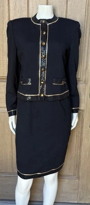 St. John Evening Black Knit Skirt Suit Black Gold Embellishments Size 2/6 - Image 1 of 4