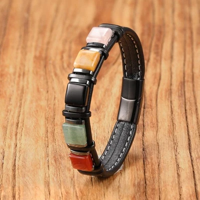 Pulsera con cordón de cuero de piedra natural broche de acero inoxidable joyería boho regalo Foto 1 de 4