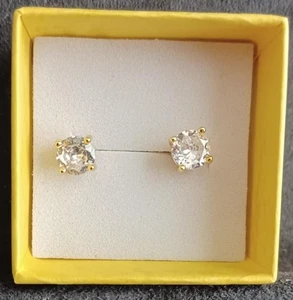 18K Yellow Gold Plated Created White Sapphire 3 Carat Stud Earrings 8mm Round - Picture 1 of 2
