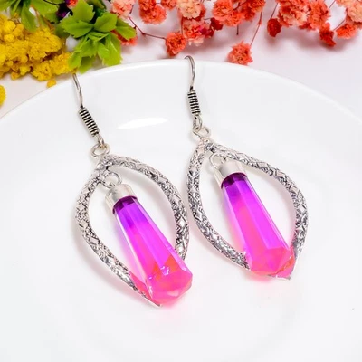 Pendientes de plata de ley 925 hechos a mano con piedras preciosas de cuarzo de turmalina bio 2,9" R428 Foto 1 de 4