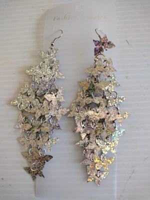 Ethnic Silver Butterfly Tassel Long Drop Dangle Earrings Gradient Bohemian - Image 1 of 4