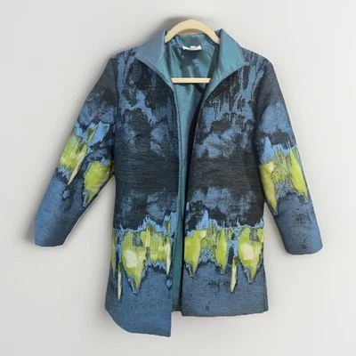 Grace Chuang Long Blue Watercolor Silk Like Open Jacket Formal Wedding Party S - Image 1 of 3