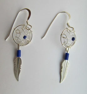 NEW Sterling Silver Lapis Blue Bead Dream Catcher Wire Earrings ~ Made in USA - Picture 1 of 3