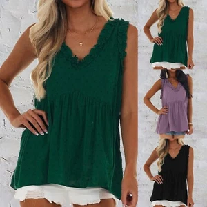 Sleeveless V Neck Tops Summer Plus Size Loose Casual T Shirts Tunic Blouse Tops - Picture 1 of 21