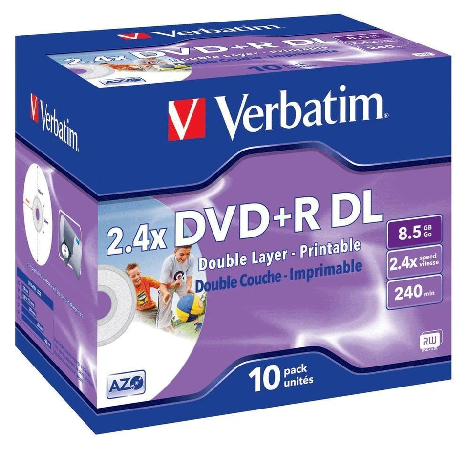 Verbatim 43517 8.5GB 2.4x Double Layer DVD+R Inkjet Printable 10 CD JEWEL CASES- - Image 1 of 3