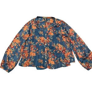NWT Frye Women's Sz M Navy Blue Floral Blouse Cropped Button Front Boho V-Neck - Picture 1 of 7