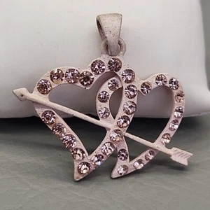Vintage Rhinestone Pendant Double Heart Pink Enamel Arrow 2" - Picture 1 of 13