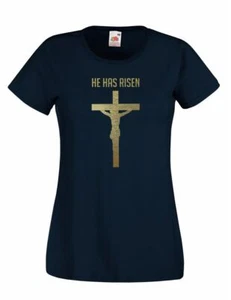 Damen-T-Shirt schwarz He Has Risen Kruzifix Gott Jesus Religion Christus - Bild 1 von 8
