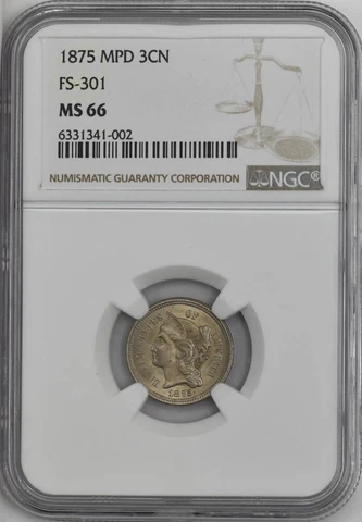 1875 Three Cent 3CN MPD FS-301 MS66 NGC 946088-38 Cover