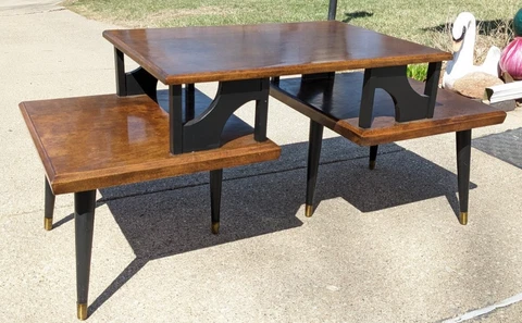 Vintage Mid Century Modern Coffee Table Tiered Wood Plants Cocktail 47" long Cover