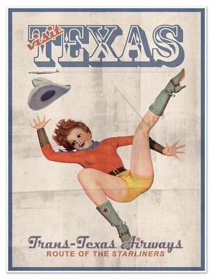 Trans-Texas Airlines Travel Ad Cowgirl Pinup Art Print Poster Vintage Wall Decor - Image 1 of 4