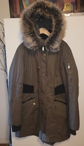 FRENCHCONNECTION KNITBOMBERDETACHABFAUXFURHOODARMYGREENWINTERHEAVYPARKAJACKET L - Picture 1 of 24