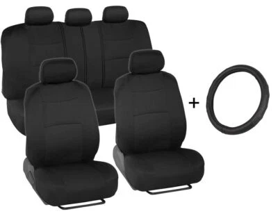 Fundas de asiento de coche delanteras/traseras + cubierta de volante de cuero de microfibra negra Foto 1 de 4