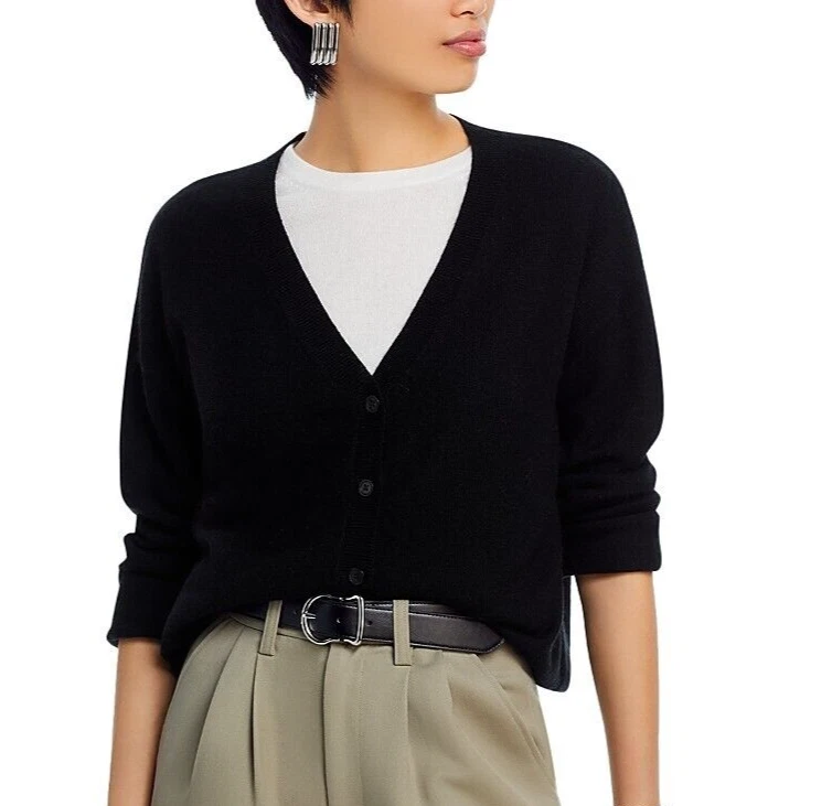 C by Bloomingdales 100 Cashmere Button Cardigan Sweater Black Sz M DEFECT