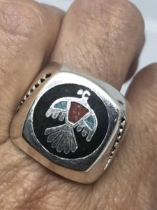 Vintage Southwestern Silver Stone Inlay American Thunderbird 8 Size Ring - Picture 1 of 12