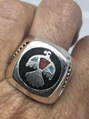 Vintage Southwestern Silver Stone Inlay American Thunderbird 13.5 Size Ring - Image 1 of 4