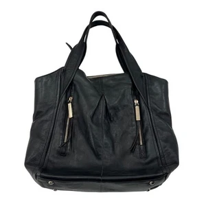 B. Makowsky Black Leather Tote Hand Bag W/ Gold Zipper Accents & Double Handles - Picture 1 of 8