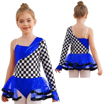 Niños Niñas Vestido Corredor Disfraz Payaso Baile Leotardo Cuadros Estampado Tutú Vestido Foto 1 de 4