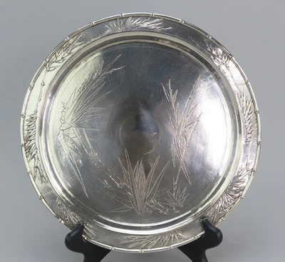 Beautiful c1900 Chinese Export Silver Hand Engraved Bamboo Design Round Tray - Image 1 of 4