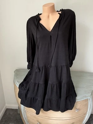 Max Studio Black Dress Women Sz M 3/4 Tiered Split V Tassel Soft Slub Knit Knee - Image 1 of 4