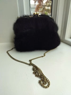Vintage Rabbit Fur Purse Chain Handle Oblong Kiss Lock Satin Lined Color Black - Image 1 of 4