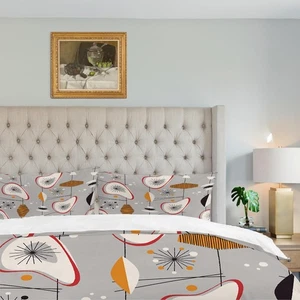 Light Gray Vintage Stripe Shape Duvet Cover Set Queen Size, Mid Century 3 Pie... - Picture 1 of 6