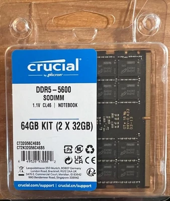 Crucial 64GB Kit (2x 32GB) DDR5 5600 PC5-44800 Laptop Memory CT2K32G56C46S5 - Image 1 of 4