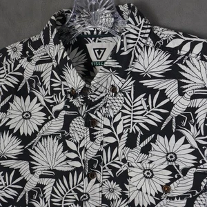 Vissla Shirt Mens Medium Black Hawaiian Floral Palms Toucan All Over Print Camp - Picture 1 of 12