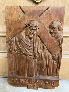 Antique Carved Wood Plaque Station of the Cross #5 Marked Joseph Noe NY Studio - Bild 1 von 14