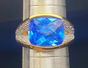 Goldfarbener Ring Blau Kissenschliff Größe 7 Illusion Set Unisex Samt Rose Geschenkbox - Bild 1 von 11