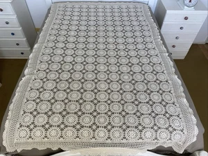 Vintage Handmade Cream Cotton Floral Crochet Rectangle Tablecloth 220x135cm - Picture 1 of 18