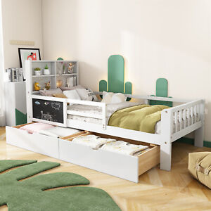 Kinderbett 90x200 cm Einzelbett Bett mit Rausfallschutz Schrank und 2 Schubladen