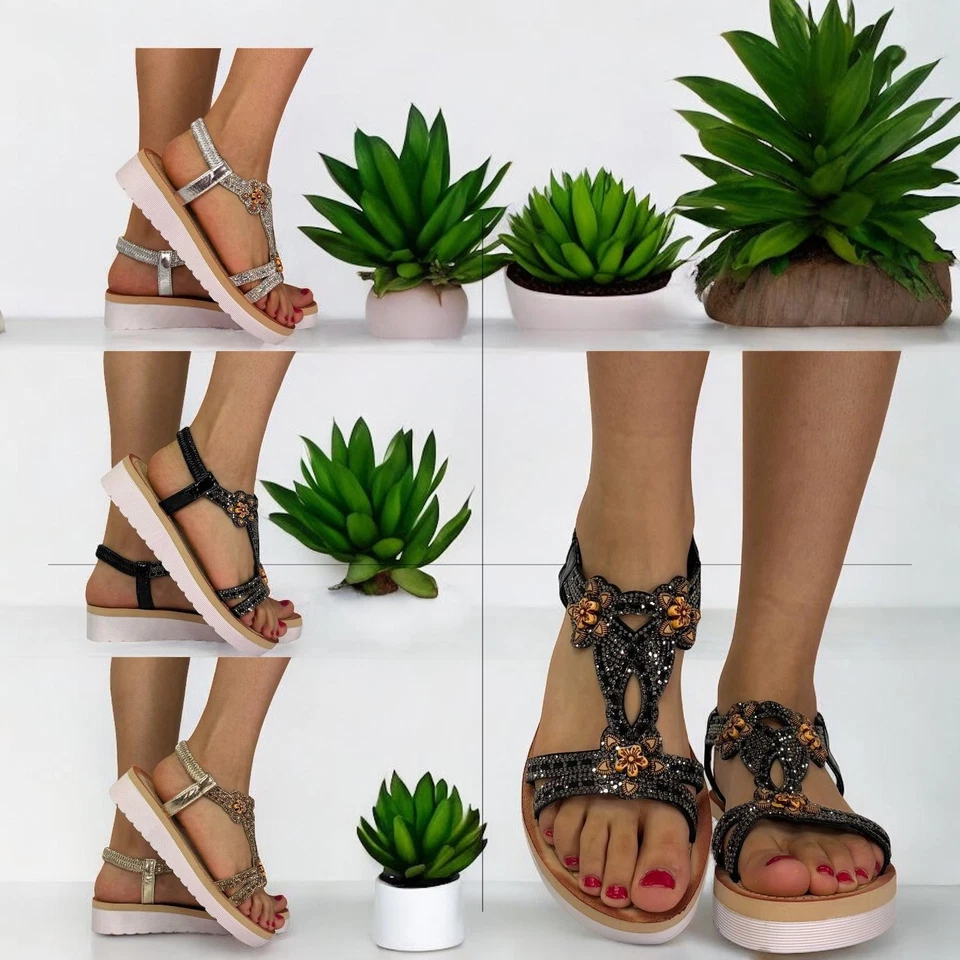 WOMENS GIRLS SUMMER PLATFORM BEADS AND FLOWER SLIP ON ANKLE SANDALS - Image 1 of 1