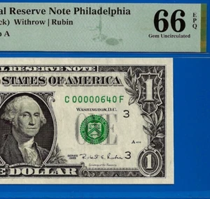 1995 $1 Federal Reserve Note PMG 66EPQ birthday low serial number 00000640 - Picture 1 of 3