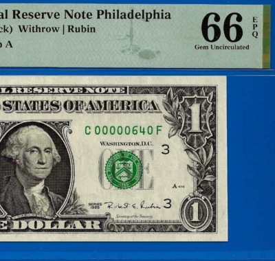 1995 $1 Federal Reserve Note PMG 66EPQ birthday low serial number 00000640 - Image 1 of 3