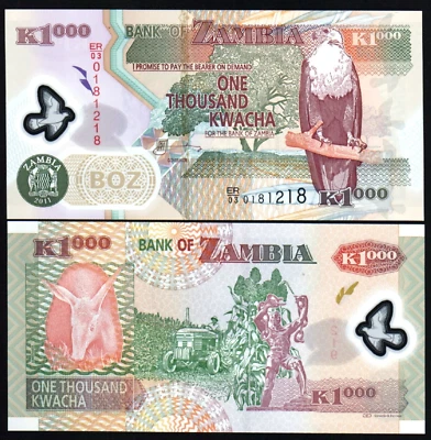 Zambia 1000 KWACHA P-44 2011 UNC Zambian GIRAFFE Fish Eagle POLYMER Money NOTE - Image 1 of 3